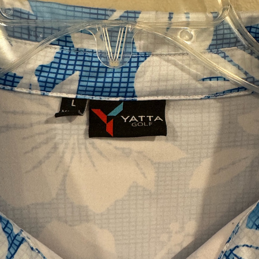 Yatta Men's Blue & White Golf Shirt HAWAIIAN TROPICAL FLORAL POLO Shirt Large - Picture 4 of 8